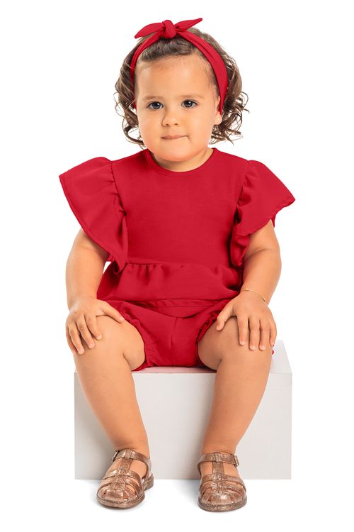 Conjunto Bata, Short e Faixa Bebê Menina (Vermelho) Quimby