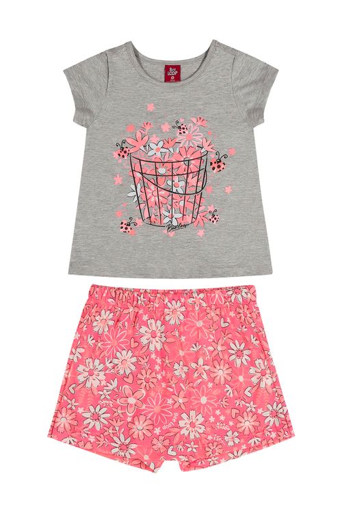 Conjunto Blusa e Short-Saia Floral (Cinza) Bee Loop