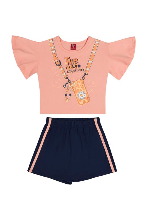 Conjunto Cropped Estampado e Short-Saia (Salmão) Bee Loop