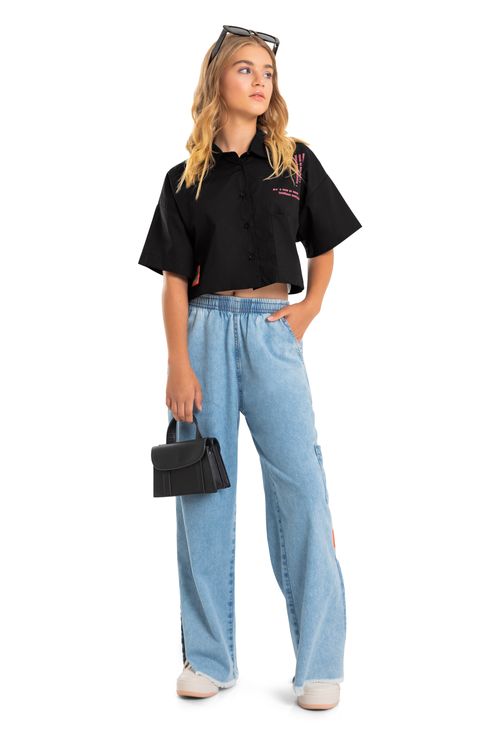 Camisa Cropped Juvenil em Tricoline (Preto) Gloss