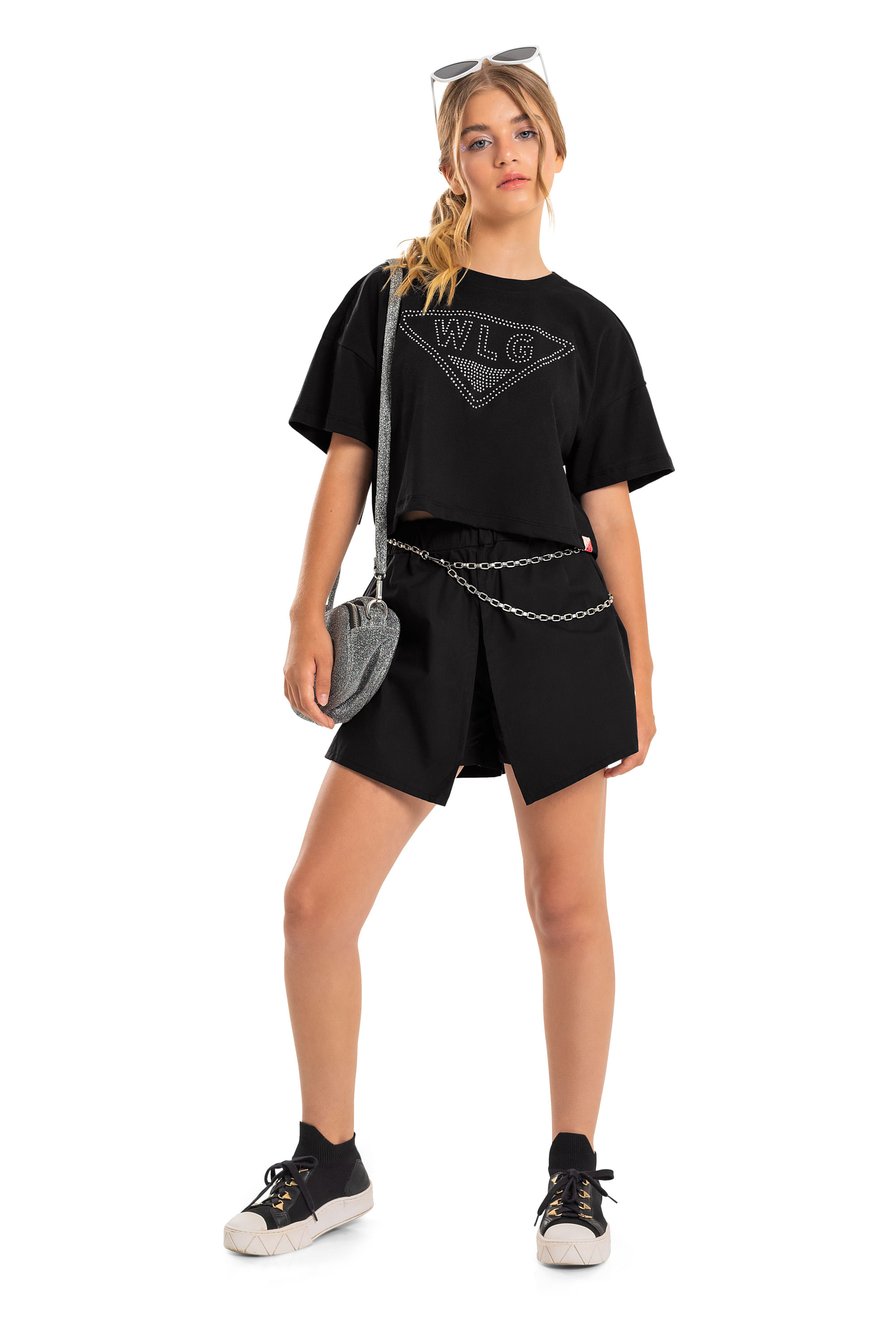 Blusa Cropped Manga Curta Menina (Preto) Gloss