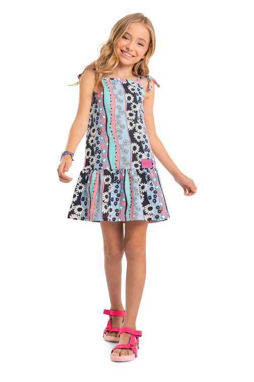 Vestido Florido Juvenil em Cotton (Azul) Gloss