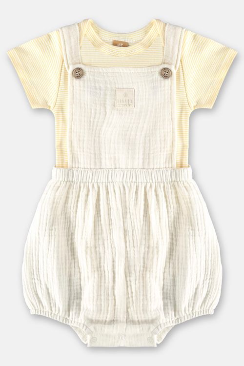 Conjunto Body Listrado e Jardineira Bebê Menino (Off White) Up Baby