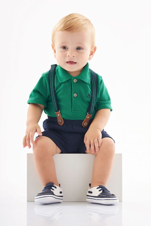 Conjunto Body Polo e Bermuda com Suspensório (Verde) Up Baby