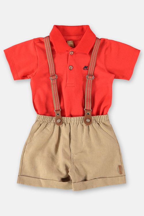 Conjunto Body Polo e Bermuda com Suspensório (Laranja) Up Baby