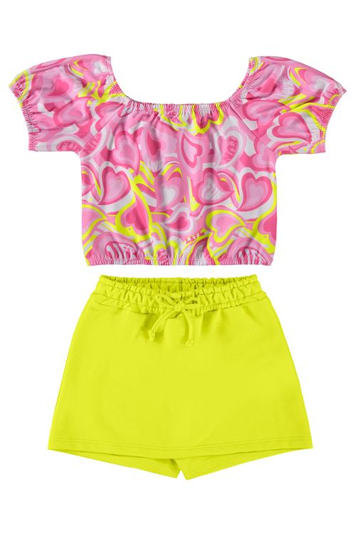 Conjunto Cropped e Short-Saia Infantil (Rosa) Guloseima