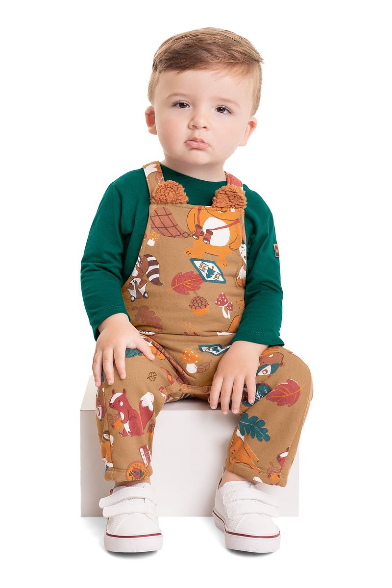 Conjunto-Camiseta-e-Jardineira-para-Bebe-Menino--Marrom--Quimby
