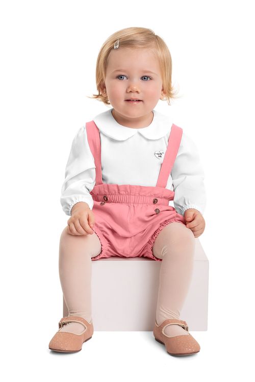 Conjunto Body e Short com Suspensório Bebê Menina (Branco) Quimby