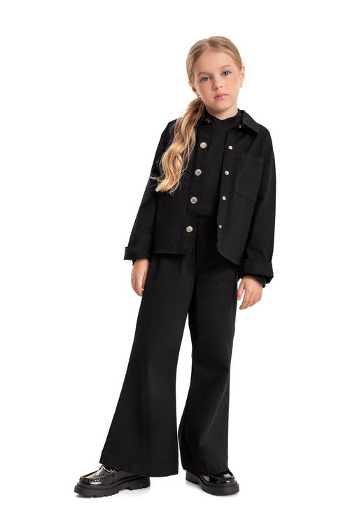 Calça Wide Leg em Sarja Infantil Menina (Preto) Quimby