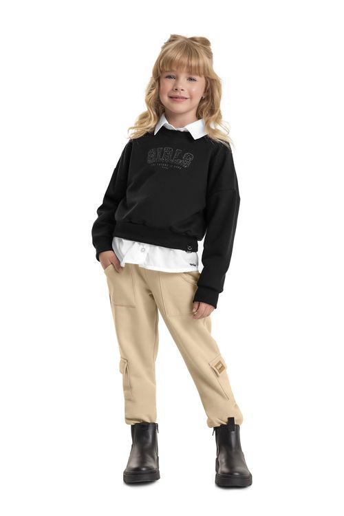 Blusão Cropped em Moletom Infantil Menina (Preto) Quimby