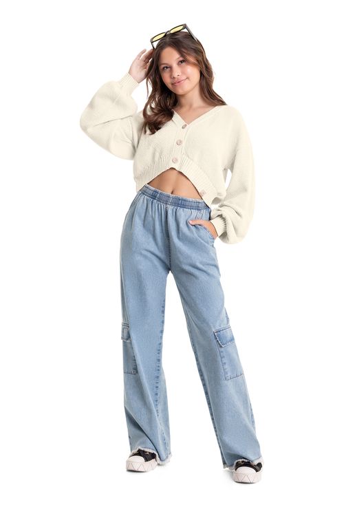 Cardigan Cropped em Tricô Juvenil (Bege) Gloss