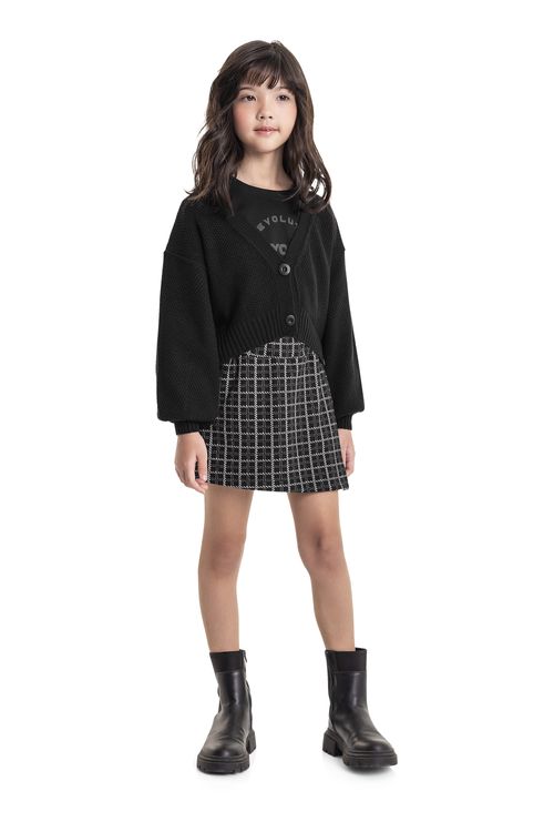 Cardigan Cropped em Tricô Juvenil (Preto) Gloss