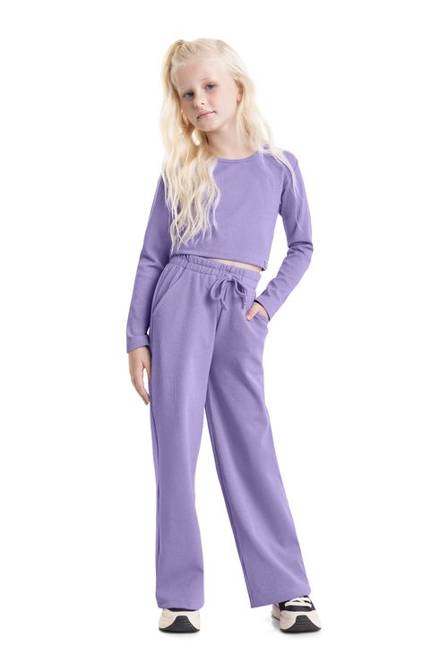 Calça Wide Leg em Malha com Lurex Juvenil (Roxo) Gloss