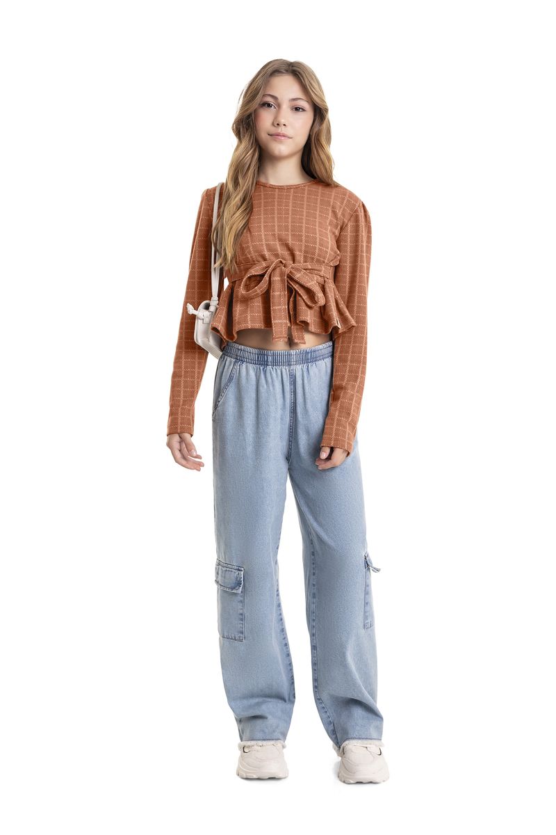 Blusa-Cropped-Xadrez-em-Jacquard-Juvenil--Marrom--Gloss