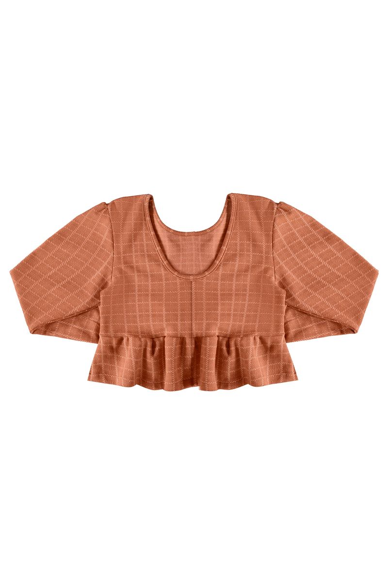 Blusa-Cropped-Xadrez-em-Jacquard-Juvenil--Marrom--Gloss