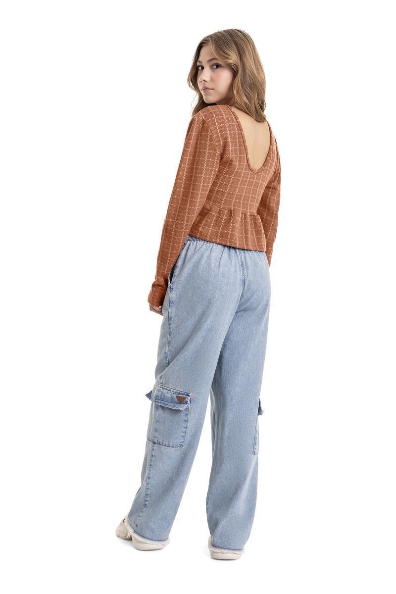 Blusa-Cropped-Xadrez-em-Jacquard-Juvenil--Marrom--Gloss