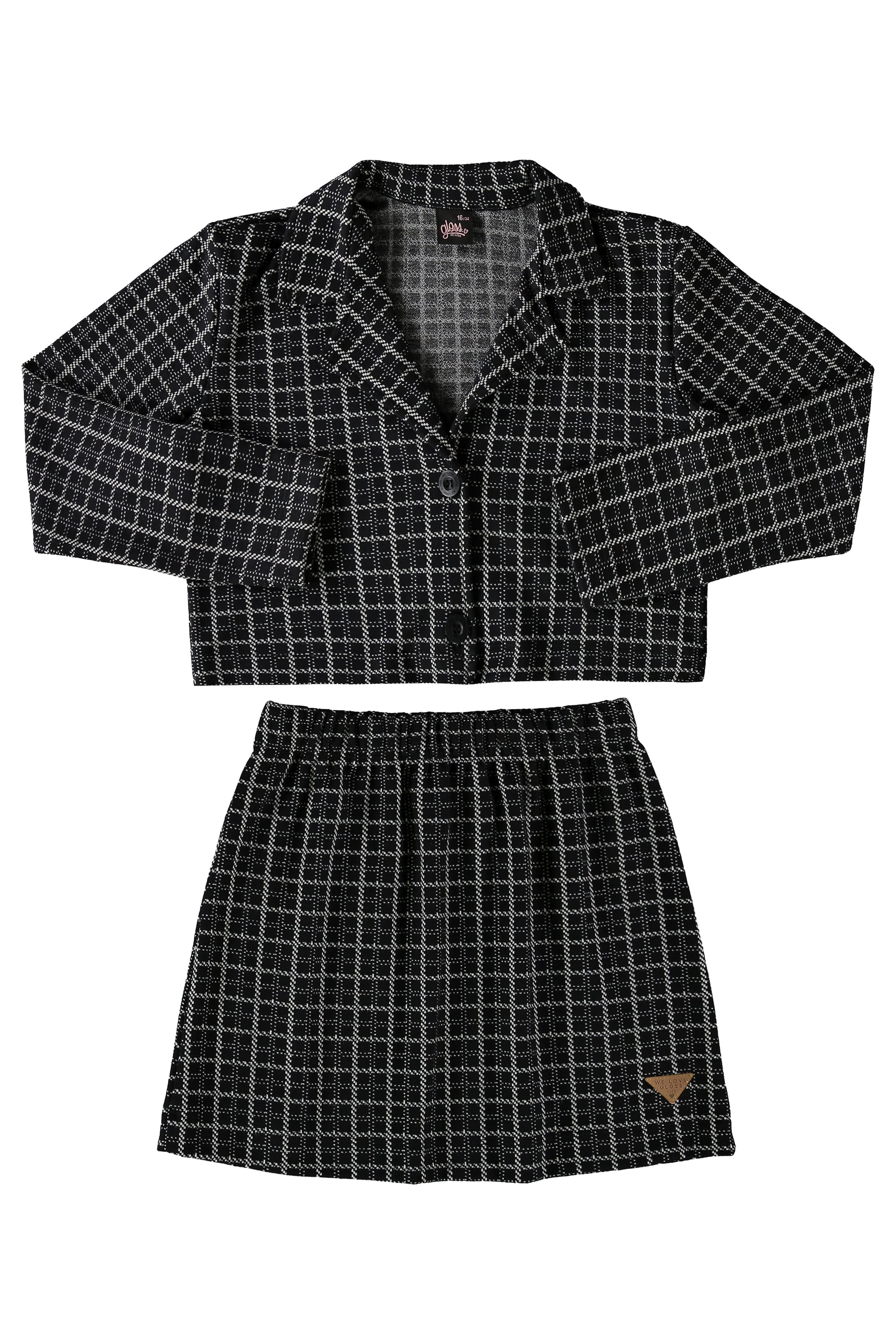 Conjunto Blazer Cropped e Saia Jacquard Juvenil Preto - Vestis