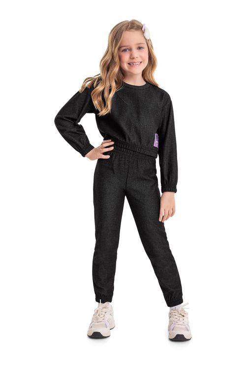 Conjunto Blusão Cropped e Calça Infantil Menina (Preto) Bee Loop