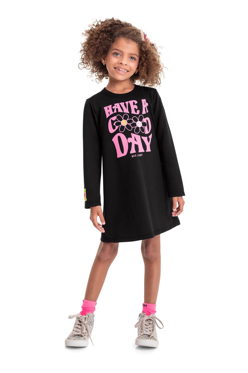 Vestido-de-Manga-Longa-Infantil--Preto--Bee-Loop