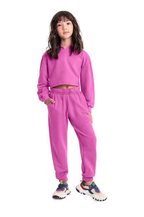 Blusão Cropped Básico em Moletom Juvenil (Rosa Pink) Gloss