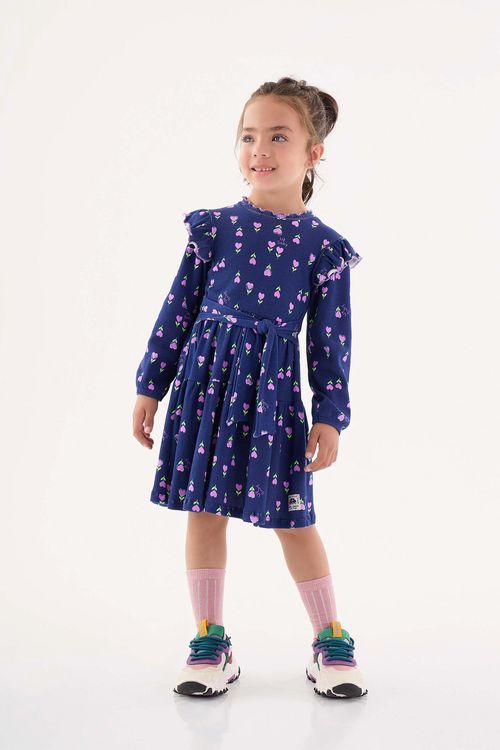 Vestido Estampado de Manga Longa Infantil (Azul Marinho) Up Baby