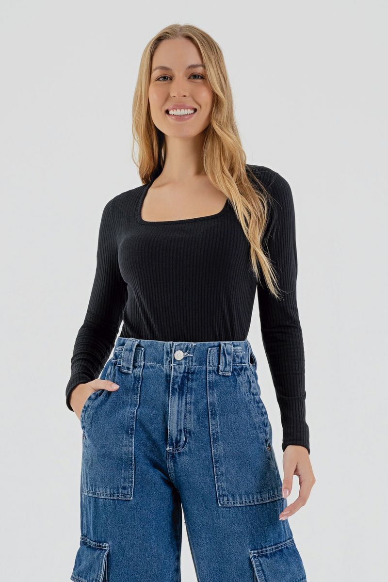 Blusa-Manga-Longa-Feminina-em-Ribana-Canelada--Preto--Just-Basic