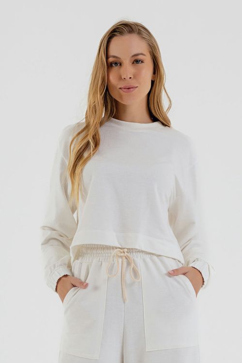 Blusão Cropped Básico em Moletom Feminino Adulto (Off White) Just Basic