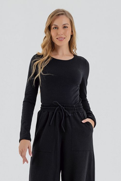 Blusa Básica Manga Longa Feminina em Cotton (Preto) Just Basic