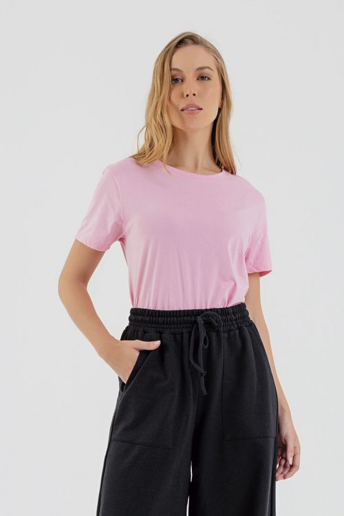 T-Shirt Manga Curta Feminina (Rosa) Just Basic