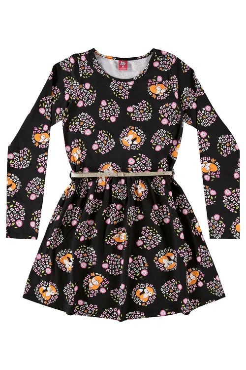 Vestido Manga Longa Infantil em Cotton (Preto) Bee Loop