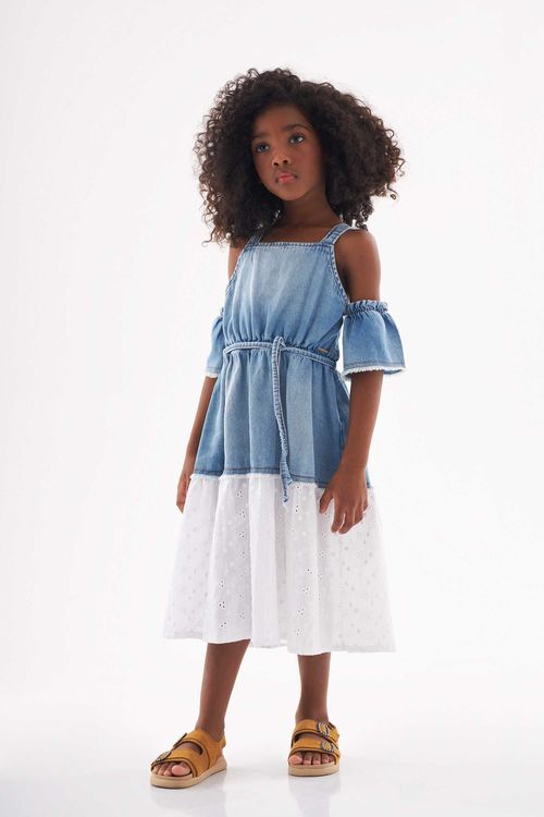 Vestido Infantil em Jeans e Laise (Azul) Up Baby