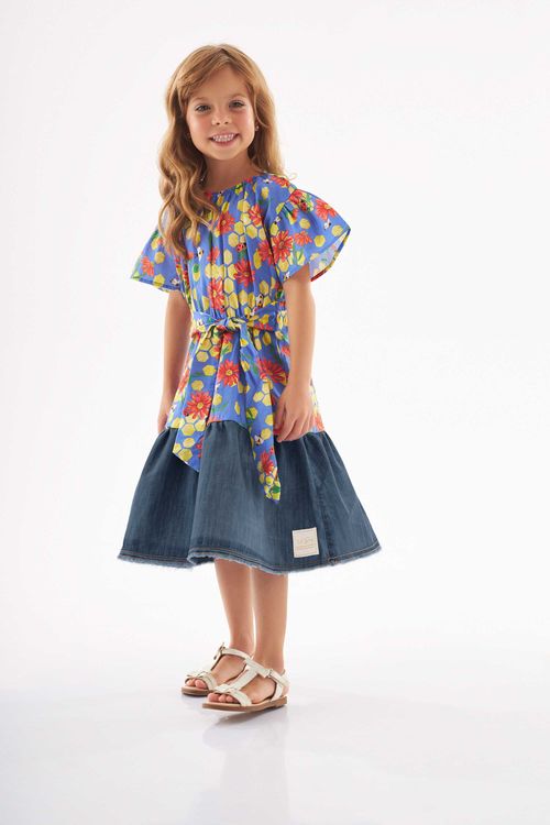 Vestido Infantil em Tricoline (Azul) Up Baby