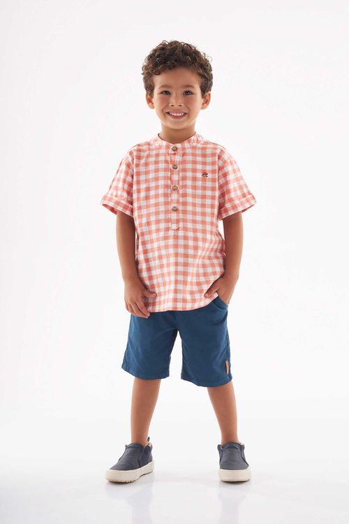 Conjunto com Camisa Xadrez e Bermuda Infantil (Laranja) Up Baby