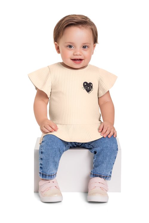 Blusa em Ribana Canelada para Bebê Menina (Bege) Quimby