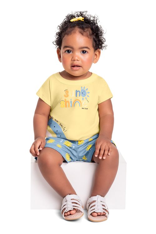 Conjunto com Blusa e Short em Meia Malha para Bebê Menina (Amarelo) Bee Loop