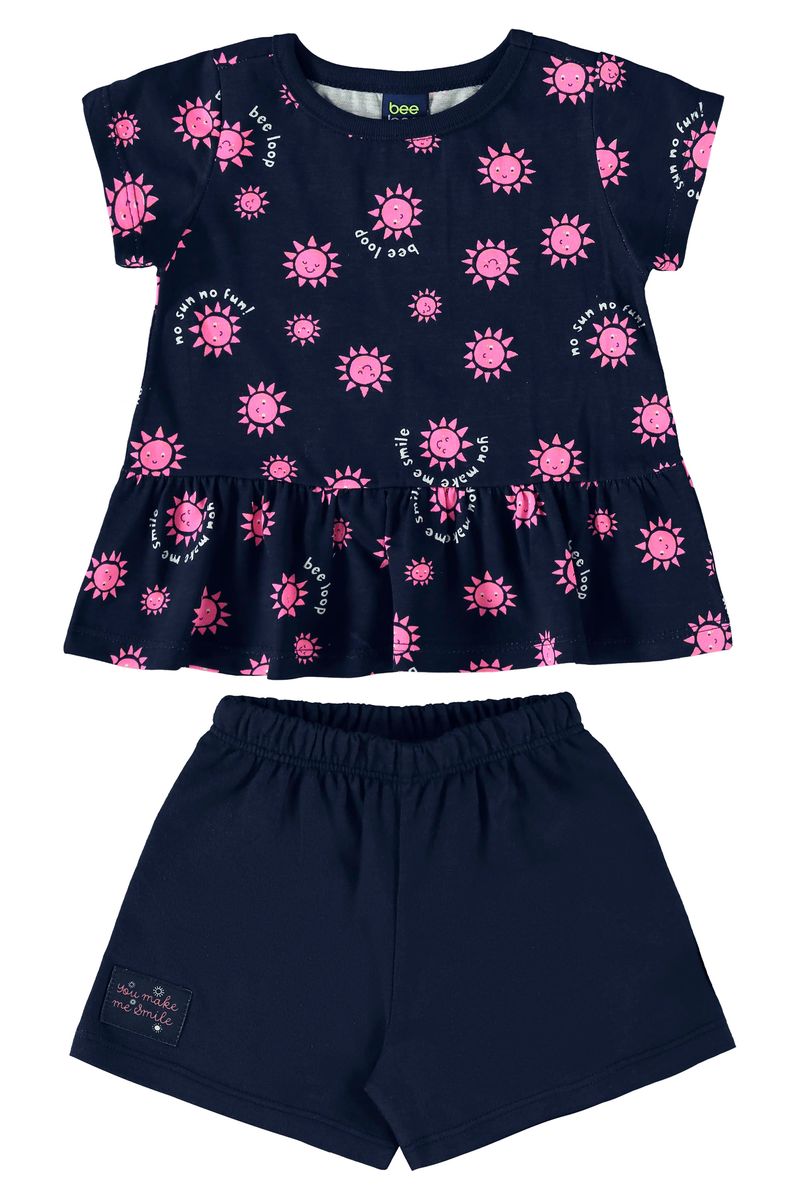 Conjunto-com-Blusa-e-Short-para-Bebe-Menina--Azul-Marinho--Bee-Loop