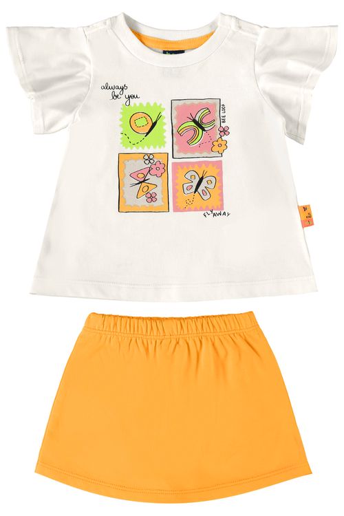 Conjunto com Blusa e Short-Saia em Meia Malha para Bebê Menina (Off White) Bee Loop