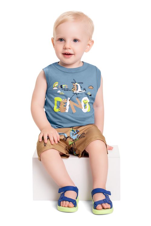 Conjunto com Regata e Bermuda para Bebê Menino (Azul) Bee Loop