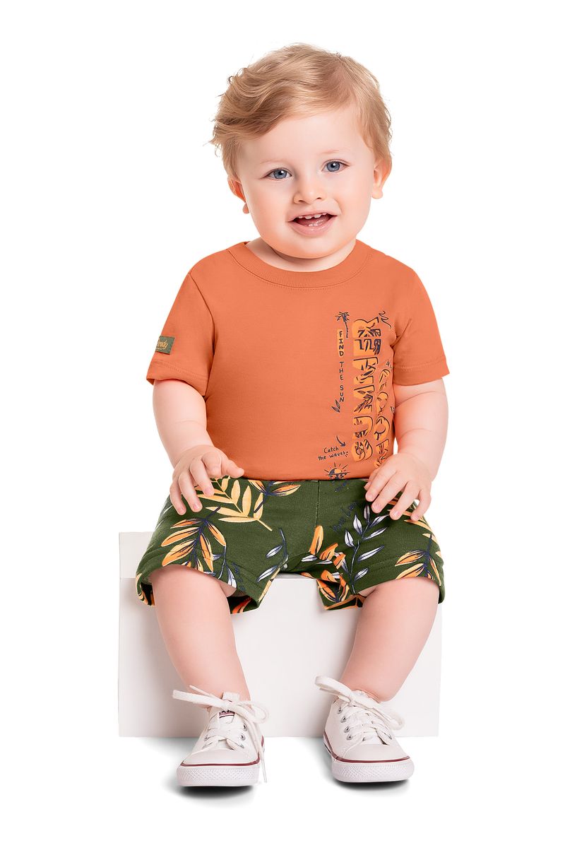 Conjunto-Camiseta-e-Bermuda-para-Bebe-Menino--Laranja--Bee-Loop