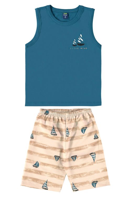 Conjunto Infantil com Regata e Bermuda para Menino (Azul) Bee Loop