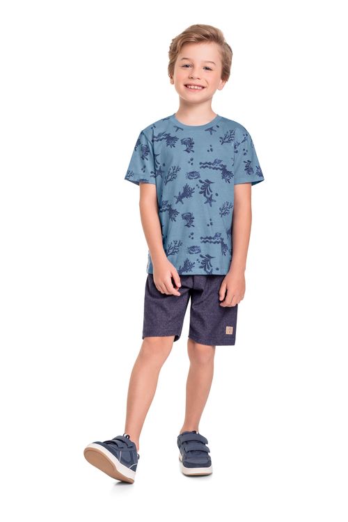 Conjunto Infantil com Camiseta e Bermuda para Menino (Azul) Bee Loop