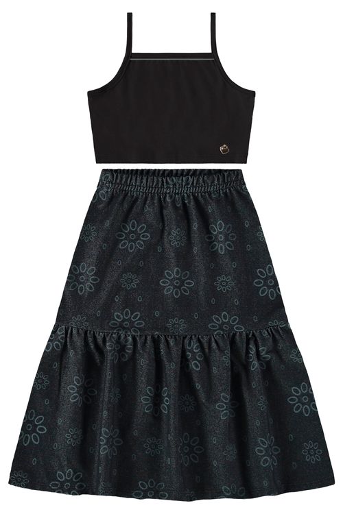 Conjunto Infantil com Regata Cropped e Saia Midi para Menina (Preto) Bee Loop