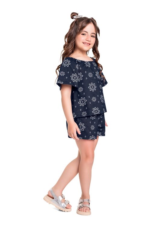 Conjunto Infantil com Bata e Short para Menina (Azul Marinho) Bee Loop