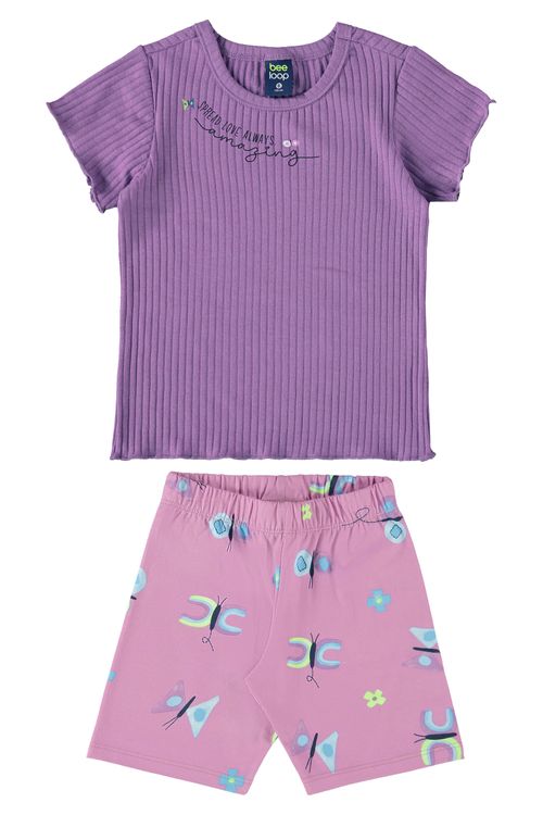 Conjunto Infantil com Blusa e Short Ciclista para Menina (Roxo) Bee Loop