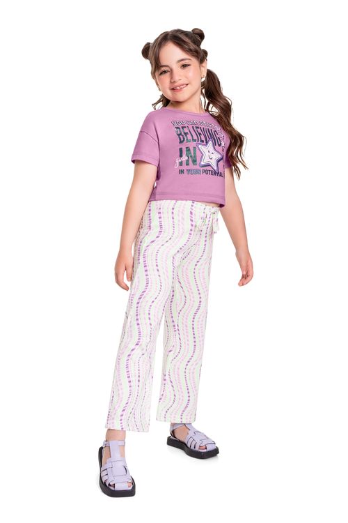 Conjunto Infantil com Blusa Cropped e Calça para Menina (Roxo) Bee Loop