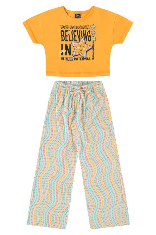 Conjunto Infantil com Blusa Cropped e Calça para Menina (Amarelo) Bee Loop