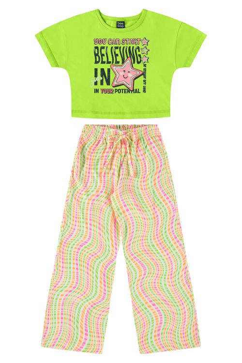 Conjunto Infantil com Blusa Cropped e Calça para Menina (Verde) Bee Loop