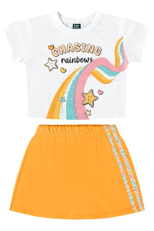 Conjunto Infantil com Blusa e Short-saia para Menina (Branco) Bee Loop