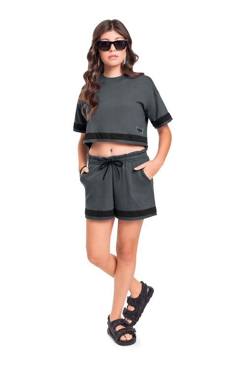 Conjunto Blusa Cropped e Short Juvenil (Cinza) Gloss
