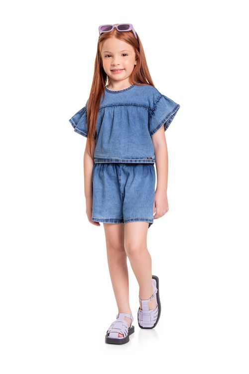 Conjunto com Cropped e Short Jeans para Menina (Azul) Quimby